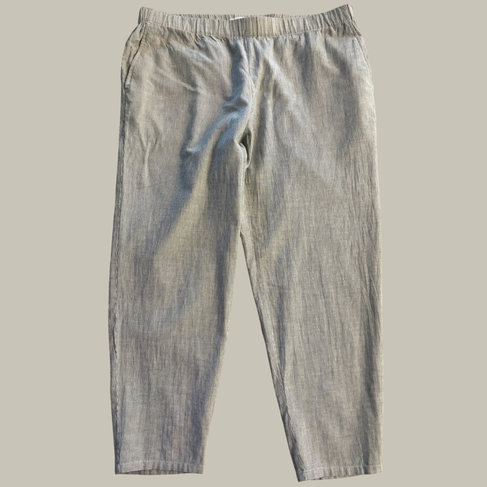 Eileen Fisher Organic Cotton Linen Ticking Stripe Elastic Waist Pants XL Grey